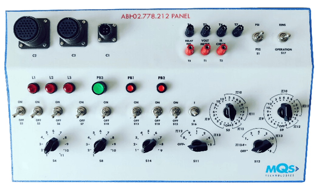 MQS manual test panel with toggle switches, rotary selectors, indicator lamps and connectors