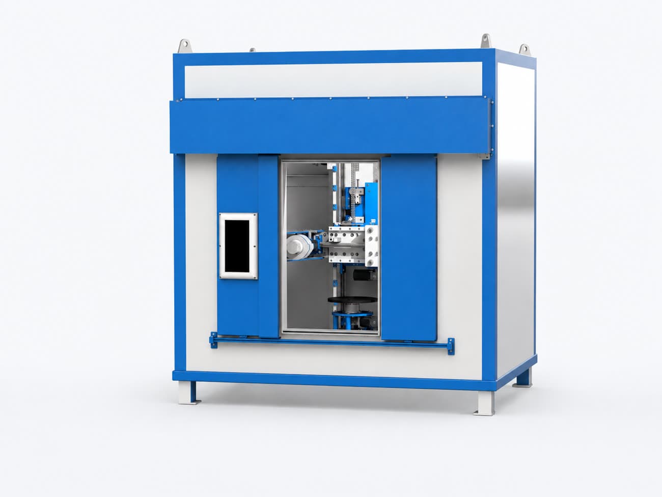 Cabinet cutaway showing shielding, door, detector, manipulator and control station