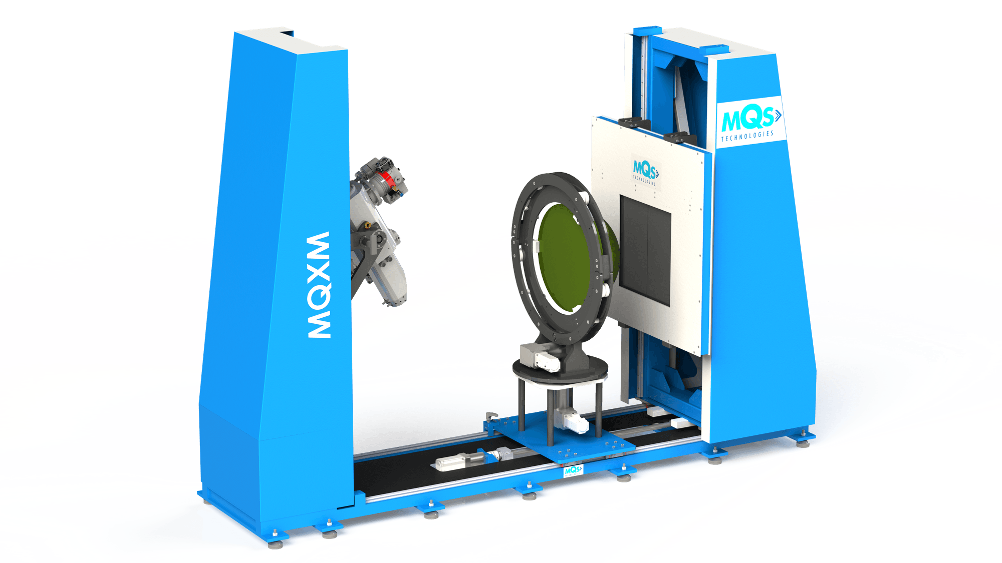 Microfocus computed tomography system with open frame, rotary stage and large-area flat panel detector