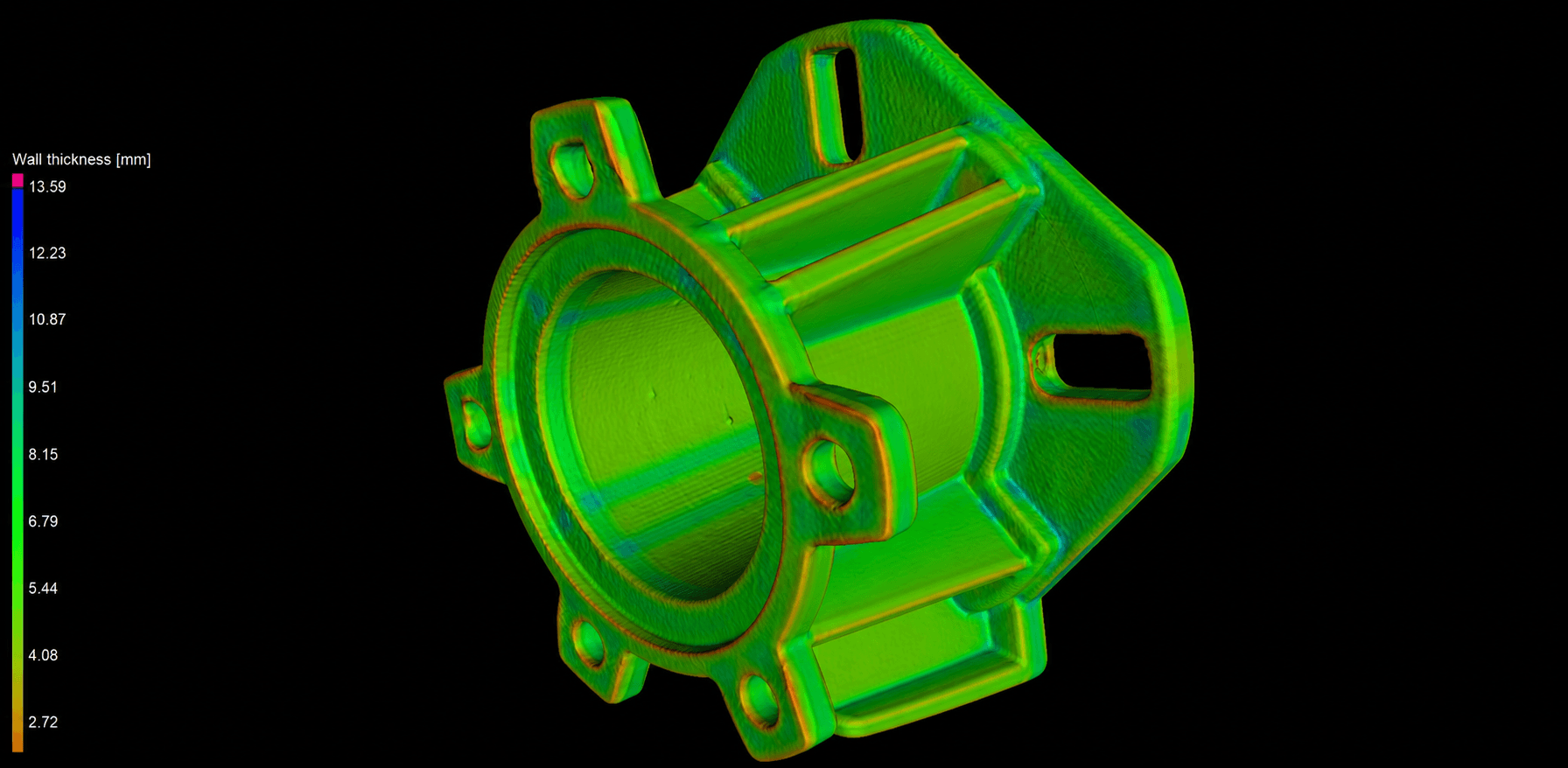 Complete CT wall thickness analysis of an aluminium casting showing colour-mapped thickness distribution with a 2.72 to 13.59 mm scale